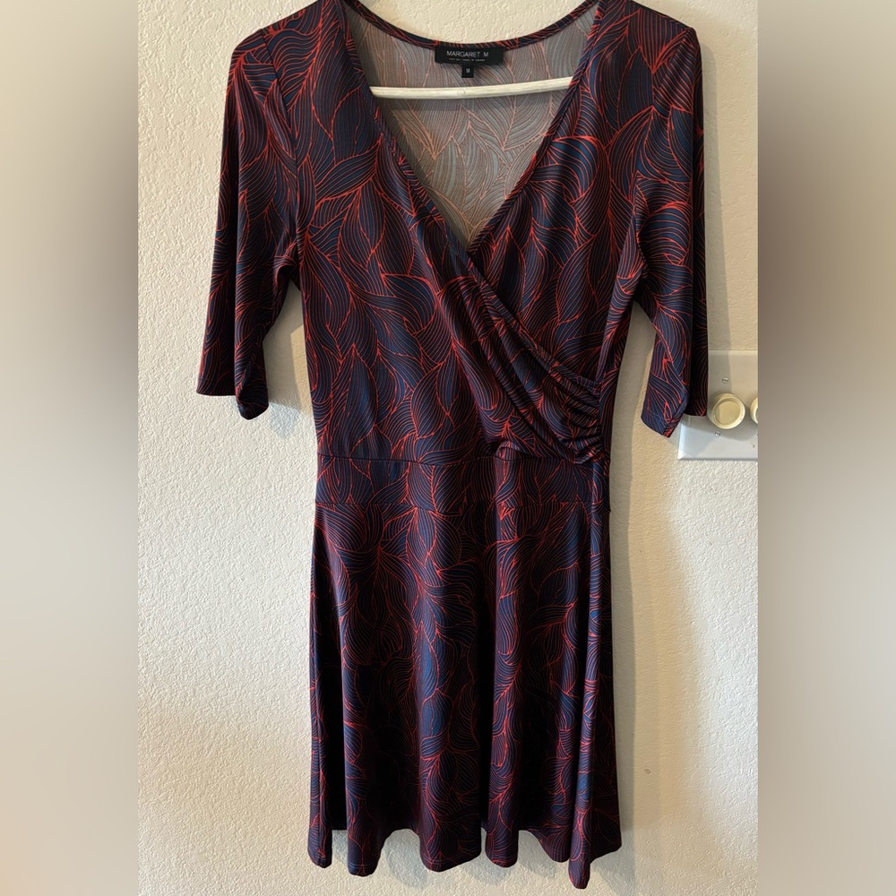 Margaret M Blue and Red Patterned Faux Wrap Dress